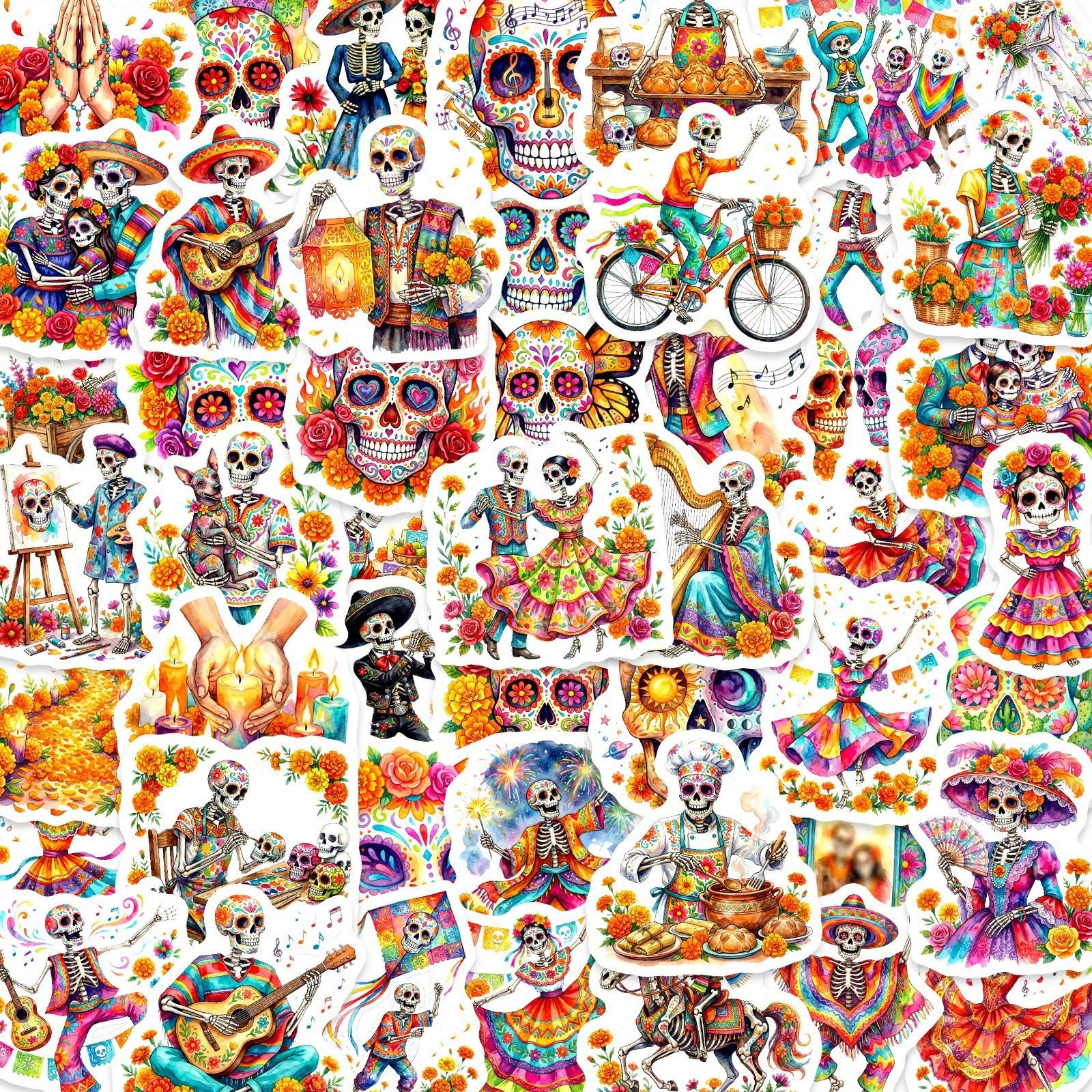

50 Mexican Day Of The Dead Skull Stickers Colorful Floral Decoration Waterproof Hand Account Water Cup Stickers