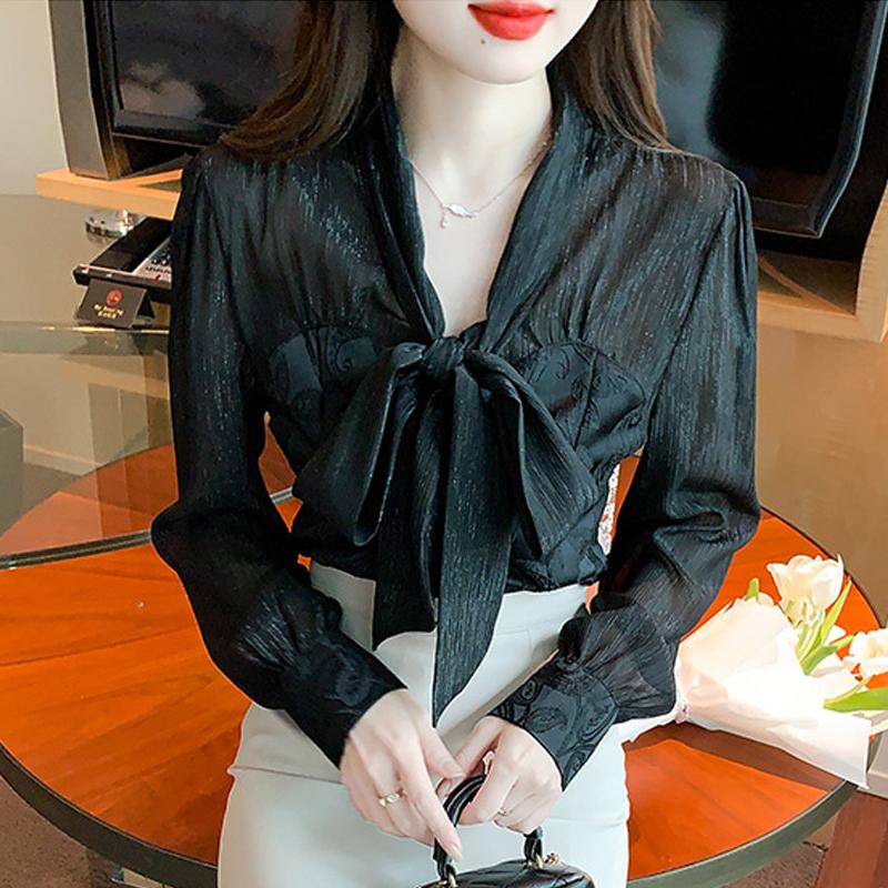 

Мода 2024 Осень Длинный рукав Воротник-бант Офис Повседневный Абрикосовый шифон Блузка Рубашка Женские Топы Блузки Рубашки J479 2XL чёрный