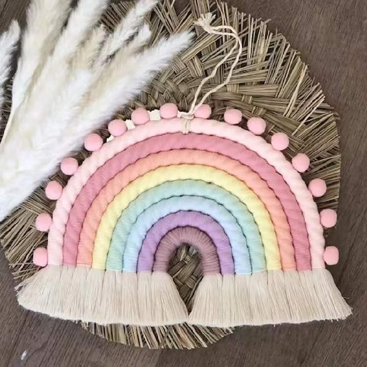 Makramee Regenbogen Wandbehang Baumwoll-Ornamente mit Quasten für Kinderzimmer