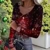Women's Winter Slim-Fit Base Layer T-Shirt Fashionable Christmas Print V-Neck Pullover Long-Sleeved Top