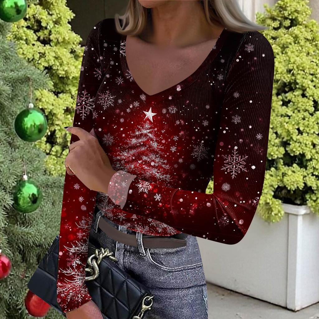 Women's Winter Slim-Fit Base Layer T-Shirt Fashionable Christmas Print V-Neck Pullover Long-Sleeved Top