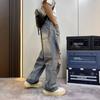 American retro high street ripped jeans men's summer tie-dye washed ruffian handsome dirty casual straight wide-leg pants