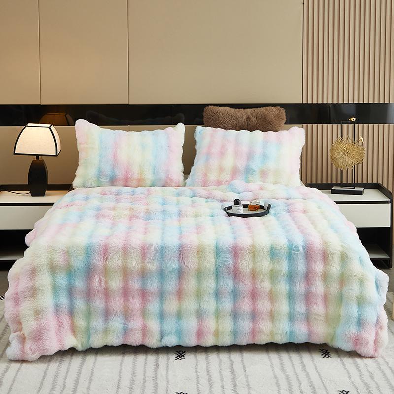 Solid Colour Three-dimensional Stripes Drawstring Rabbit Hair Cover Blanket Winter Soft Warm Double Layer Thickening Cover Blanket