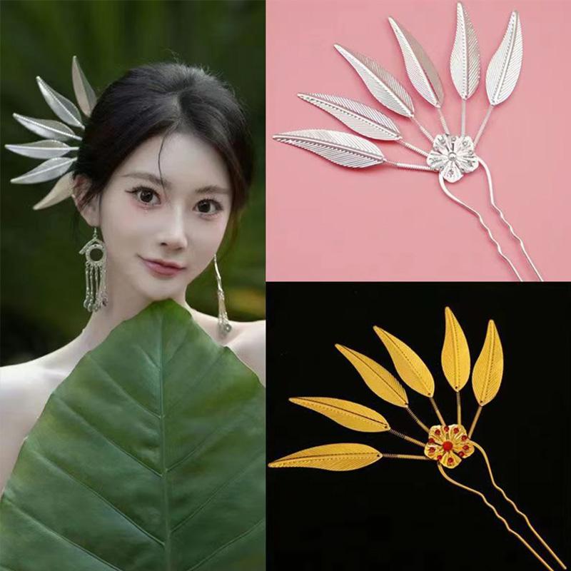 1PC Headwear Jewelry Thailand Ethnic Golden Dance Party Decoration Hairpin for Women Crystal Flower Hair Accessories Alloy Leaf