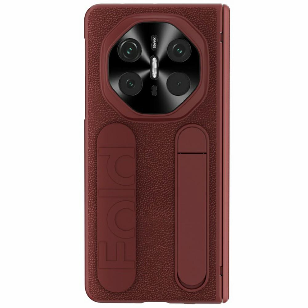 

For Huawei Mate X5 Case Wristband Kickstand Genuine Cow Leather+PC Phone Cover with Tempered Glass Film Red