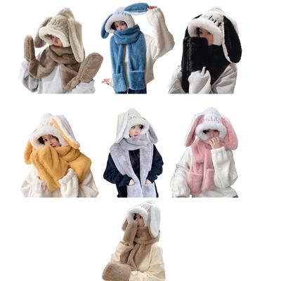Autumn and Winter Women's Rabbit Ears Integrated Scarf Hat Joker Plush Scarves Gloves Set of Three Thick Warm Hats Kit