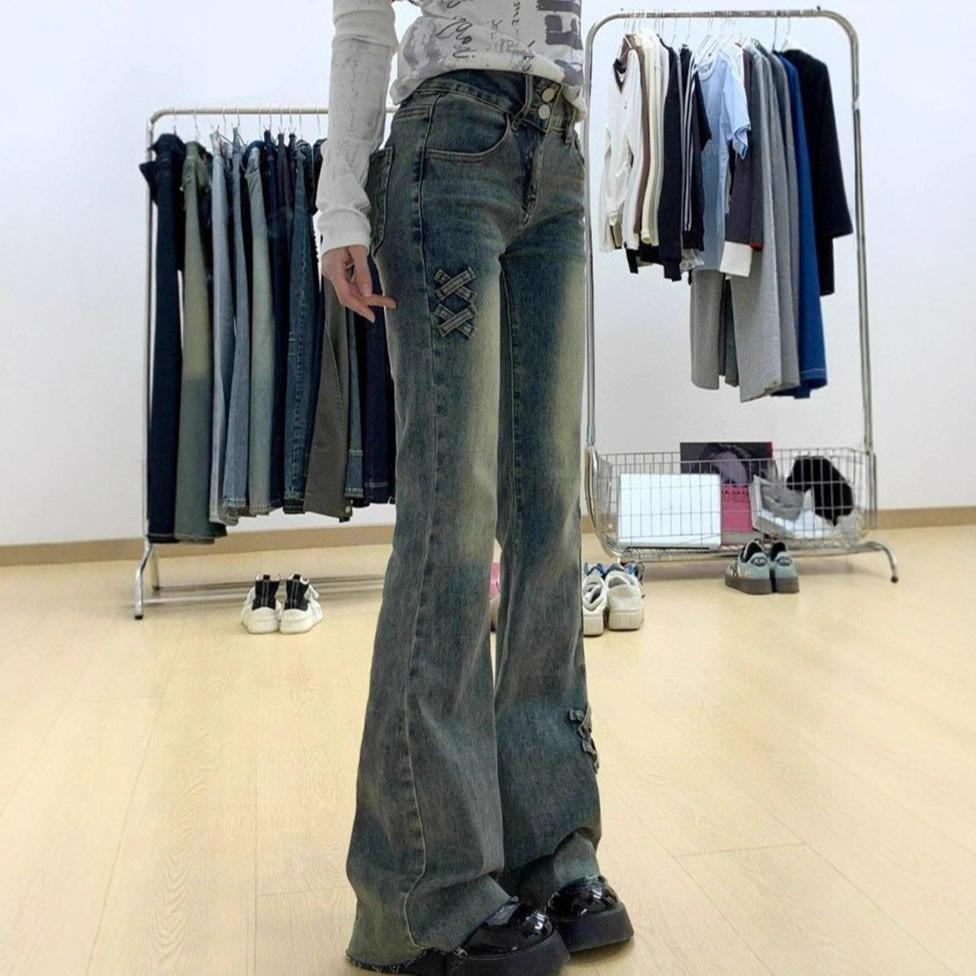 Slim Retro Blue High-waisted Bow Bow Micro-large Denim Jeans Female Summer Ragged Elastic Skinny Horseshoe Pants Retro Baggy Long Jeans for Ladies