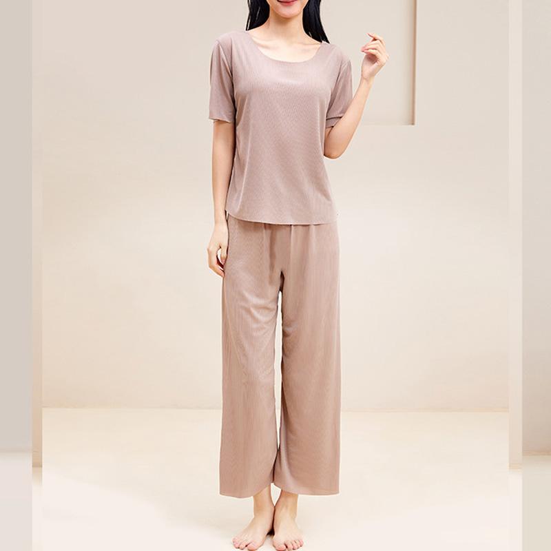 Modele dla par Dwuczęściowa wiosenno-letnia wygodna piżama z lodowego jedwabiu bez śladów, luźna odzież domowa z krótkim rękawem