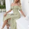 Casual Flower Printed High Waist Dress Summer Sexy A-line Short Sleeve Split Party Dress For Women 2023 Fashion Vestidos 25280