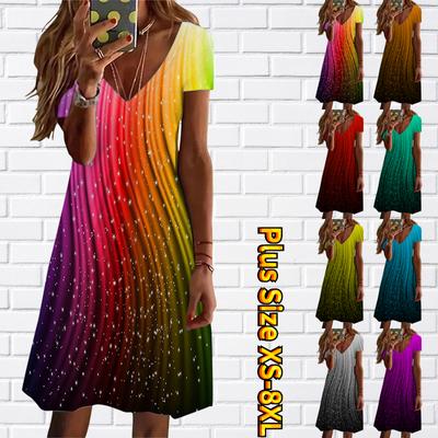 Sommermote Dame V-hals Kortermet Rainbow Stripes Sparkling Stars Printed Dress Sex Dress