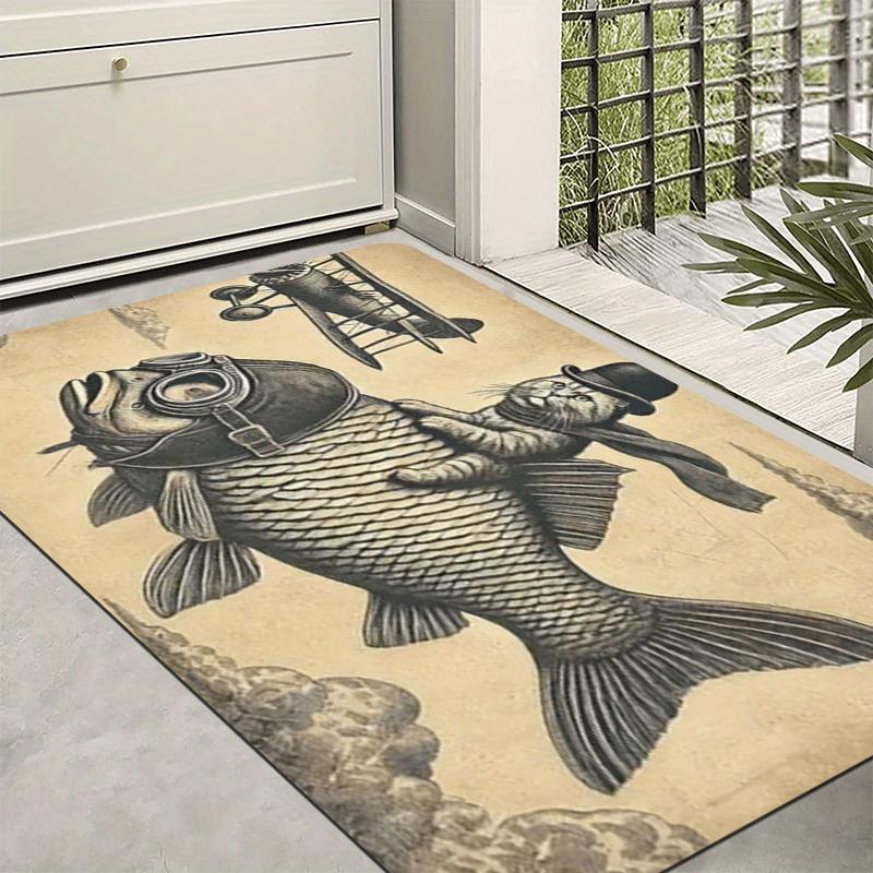 Retro Flying Fish and Cat Patterned Doormat - Non-Slip, Machine Washable, Abstract Art Style Rug, Suitable for Entryways, Bathro
