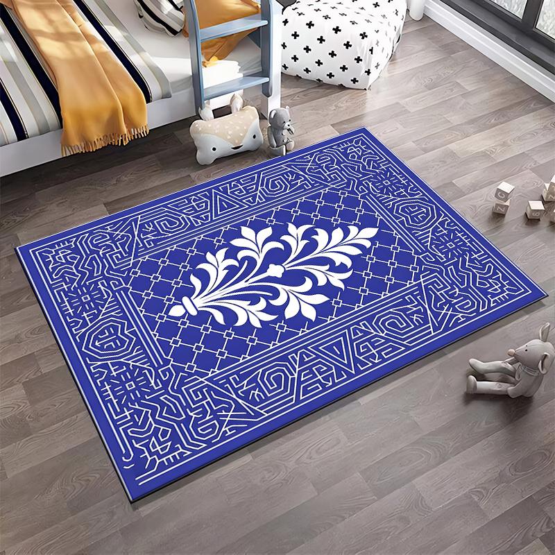 Floral Pattern Carpet with Geometric Border Design in Blue and White Suitable for use as an anti-slip for living room bedroom sofas