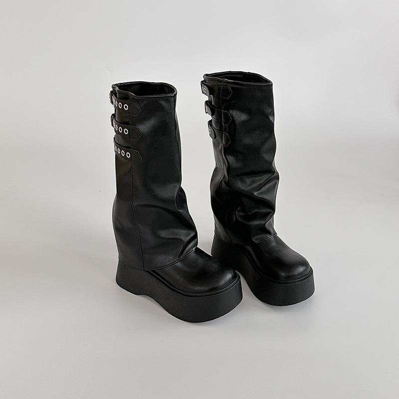 

Niche belt buckle classic fashion thick-soled heightening trouser boots women s 2025 autumn and winter new but knee knight boots 40 чёрный