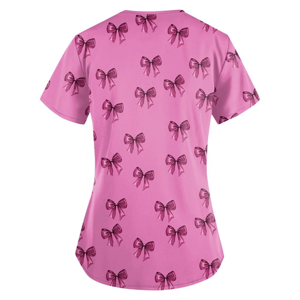 Women's Cute Bow Printed Work Clothes V-neck Double Layer Pockets Basic Short Sleeve Top Pullover