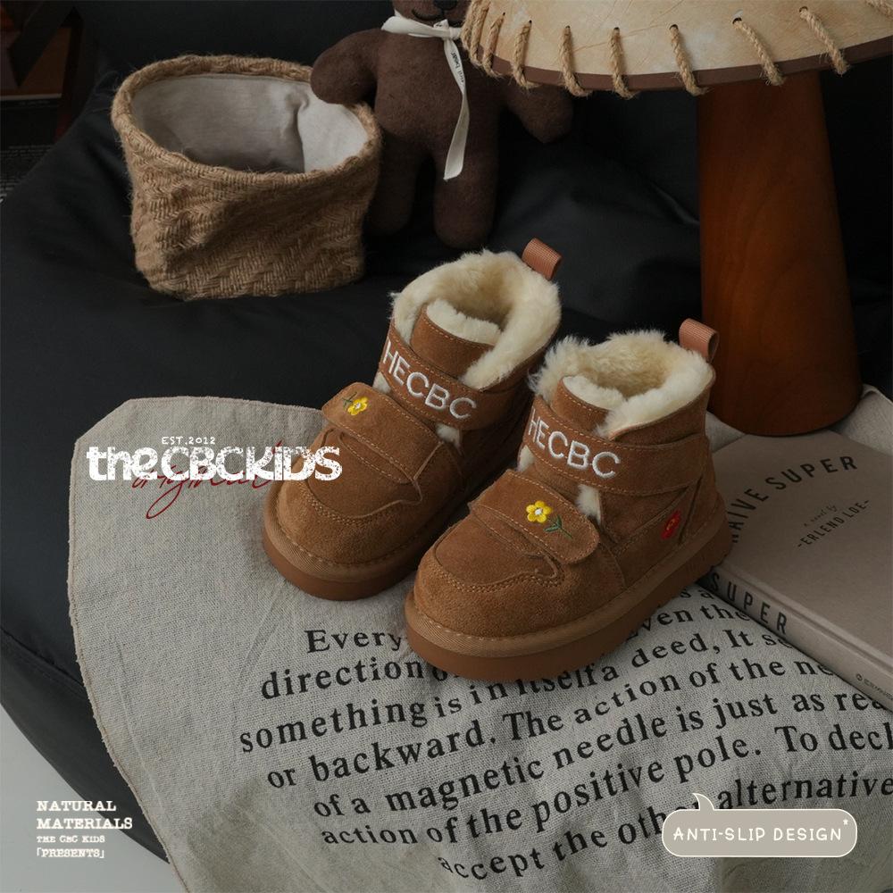 XSHX Retro "embroidered Wool Mouth" Children's Cold-proof Leather Snow Boots Winter Girls Velcro 249091