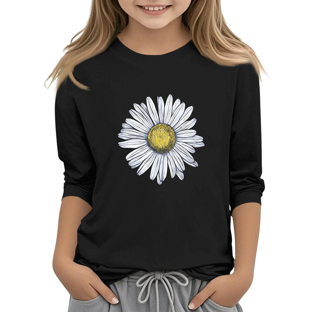 Dziecięcy top z krótkim rękawem 3/4, z okrągłym dekoltem, codzienny, casualowy, z nadrukiem