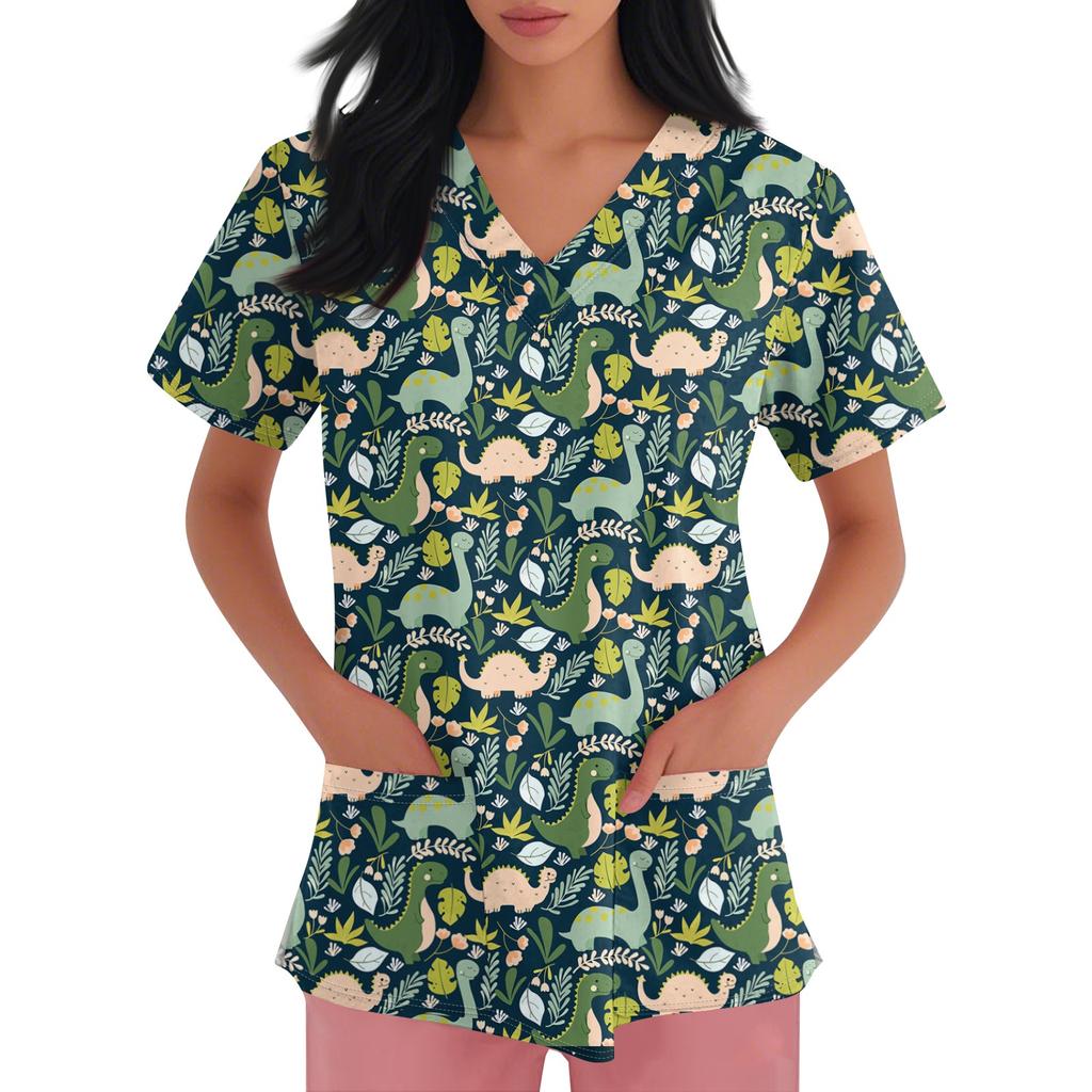 Women's V-neck Cartoon Printed Short-sleeved Pocket Side-slit Protective Suit Top