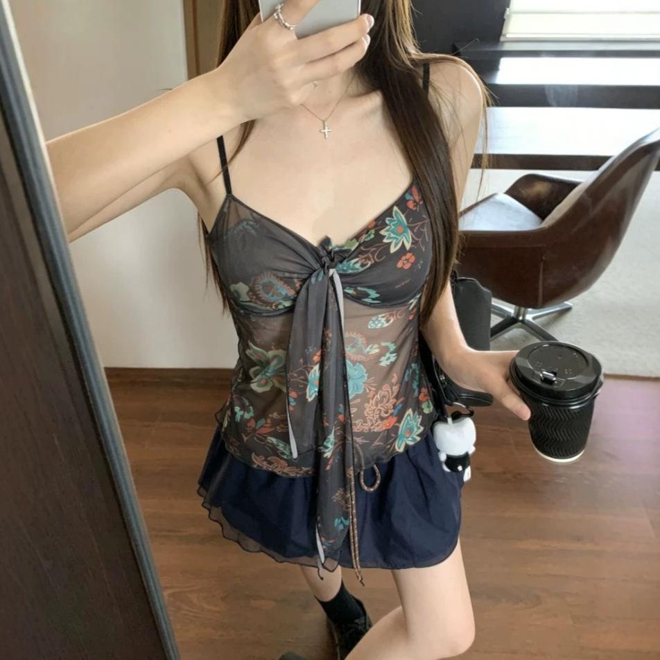 Niche Retro Plant Flower Print Mesh Sling Women's Summer New Vacation Sexy Slim Fit with Chest Pad Vest
