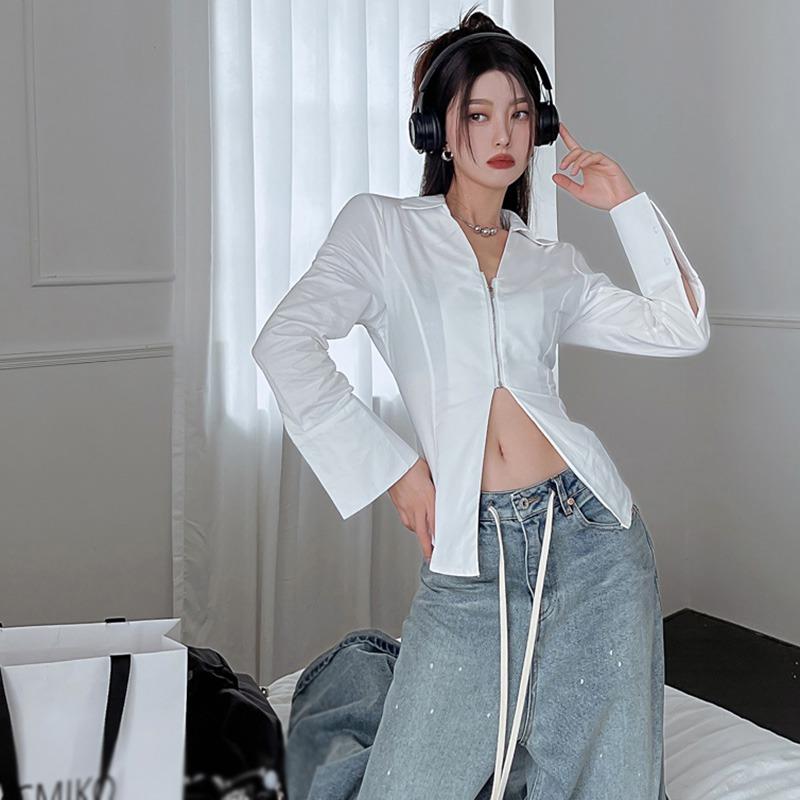 Women Shirts Slim Fit Temperament Slit Sleeves Long Sleeves Lapel