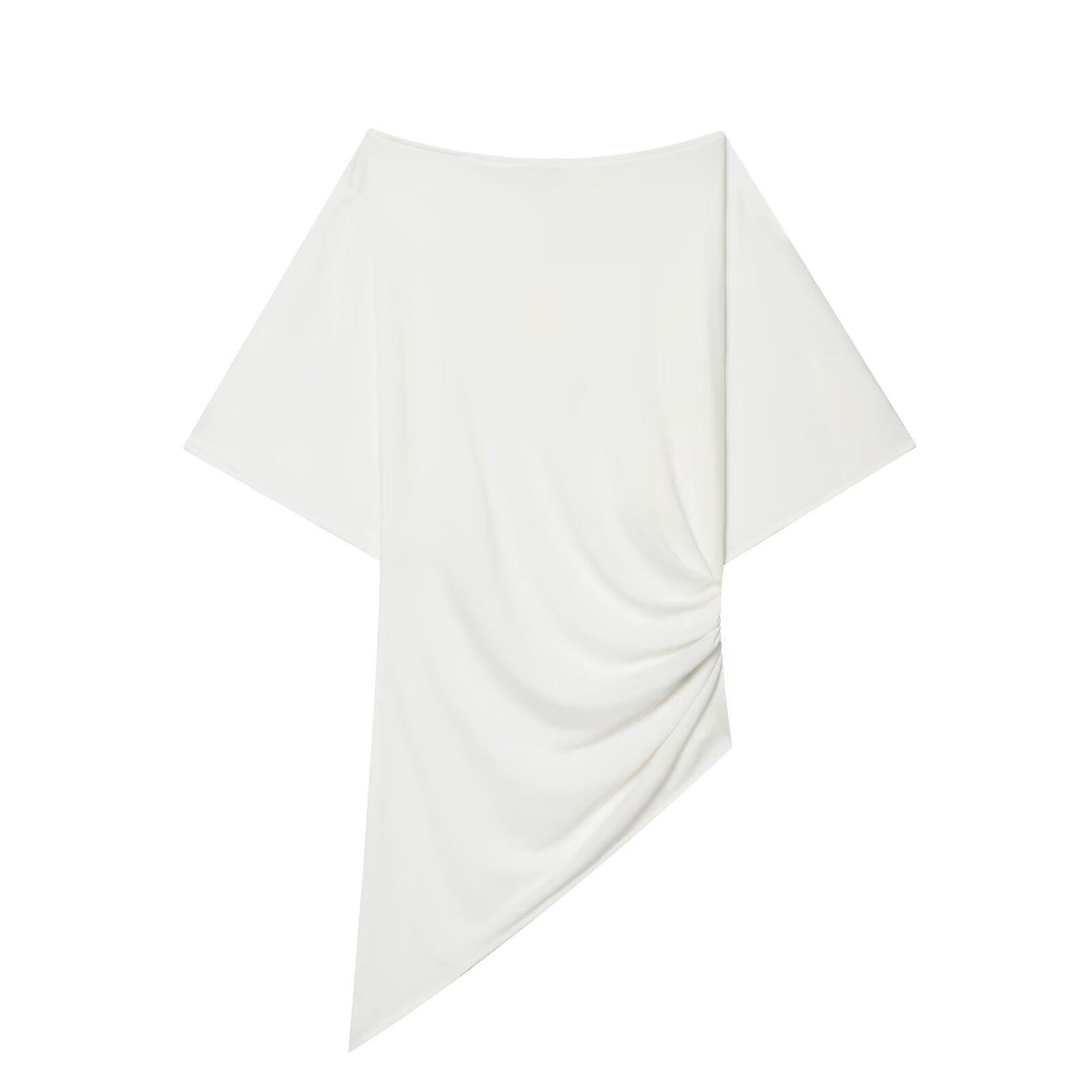 European and American style, new women s clothing, foreign style short-sleeved boat collar pleated asymmetrical top 5039275 S белый