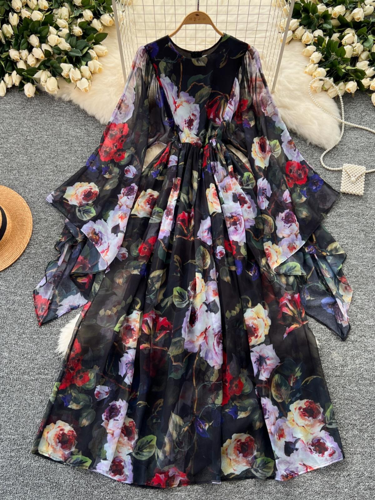 

Летнее женское платье, винтажное милое шифоновое платье с цветочным принтом, Femme, свободные платья макси с высокой талией, темпераментные платья S