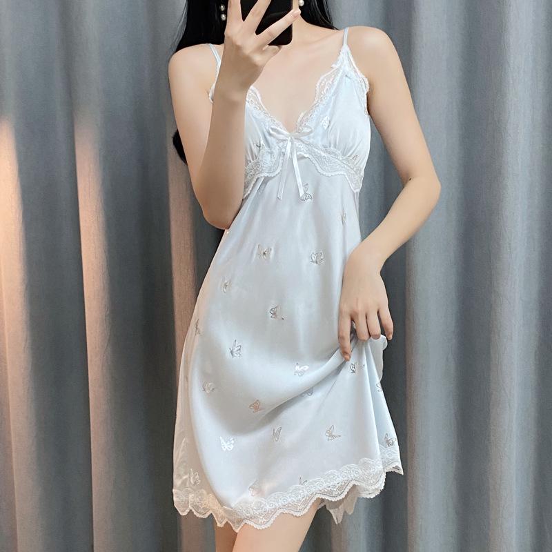 

Пижама женская Ice Silk: Сексуальная ночная сорочка с кружевной отделкой, халат с серебристой бабочкой и нагрудные вкладыши XL (60-70 kg)