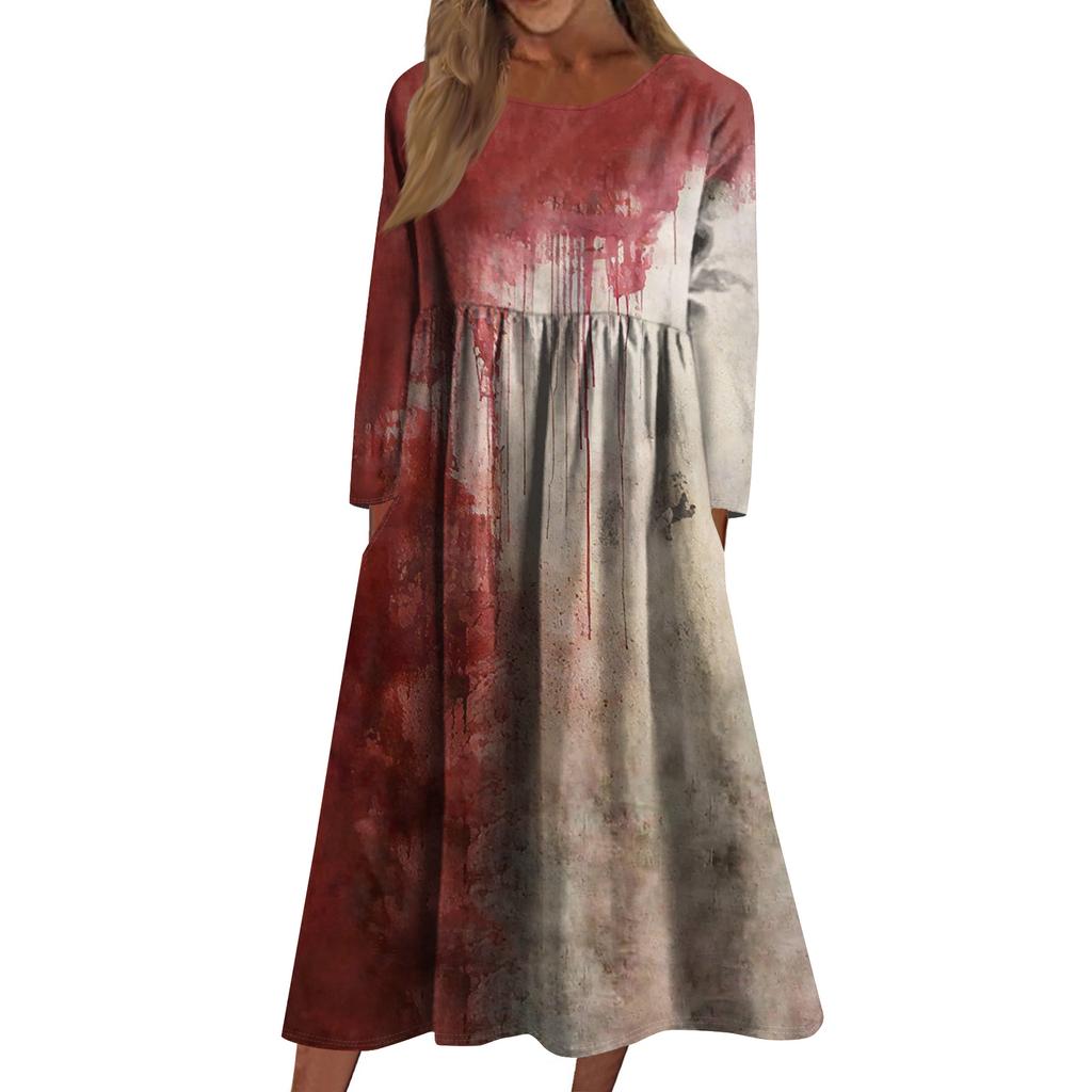 Women's Casual -neck Halloween Print Mid-length Dress Long-sleeved Dress With Pocket