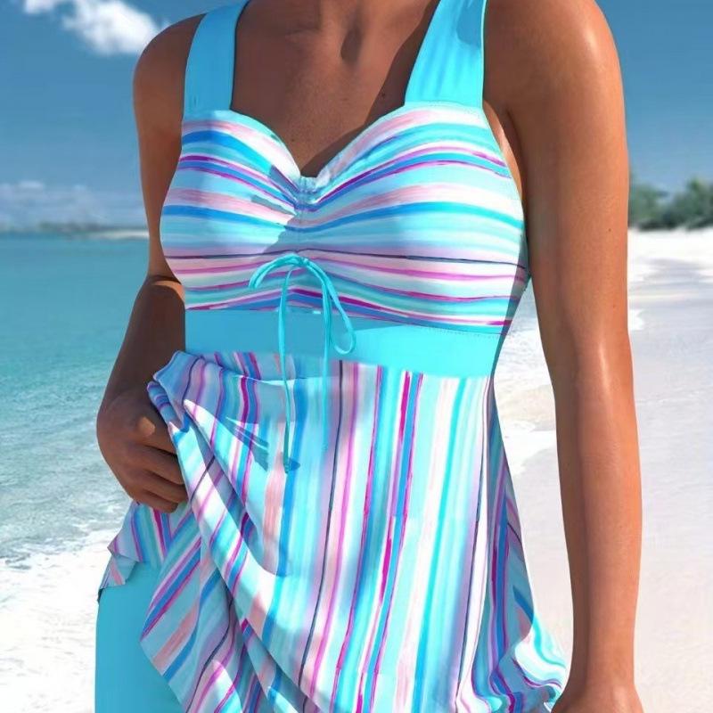 European & American 2025 Striped Ruched Tankini & High-Waisted Boy Shorts for Women