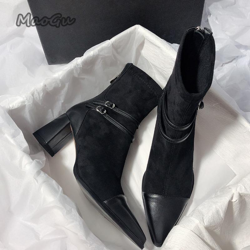 Fashion Women's Beige Suede Ankle Boots Pointed Toe Chunky High Heels Buckle Strap Short Boots Elegant Office Party Dress Shoes