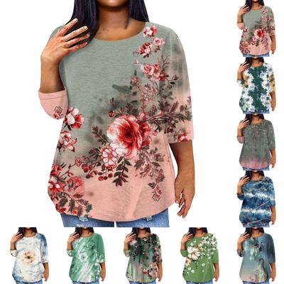 Women's Fashionable Casual Three Quarter Sleeve Printed Round Neck Pullover Top