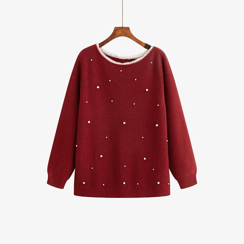 

2025 Winter Plus Size Off-the-Shoulder Beaded Sweater for Women - Loose Knitwear for Chubby Girls XXL (160-200 jin) вино красного