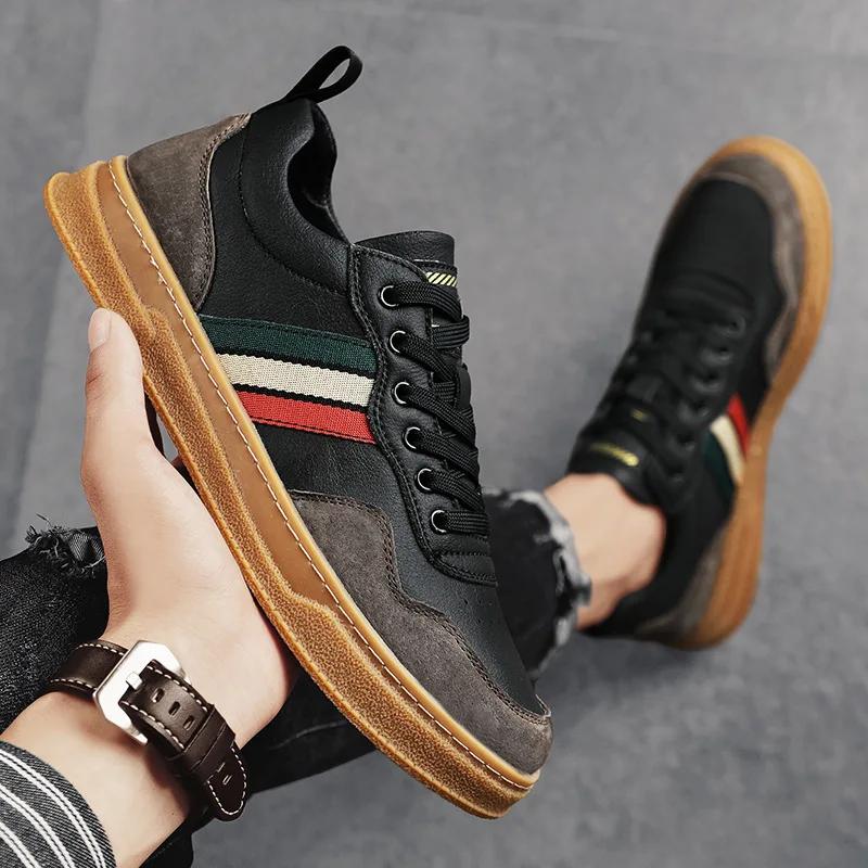Brand New Men Genuine Leather Casual Shoes Spring Autumn High End Striped Flat Skate Shoes Young Man Cool Lace-up Sneakers