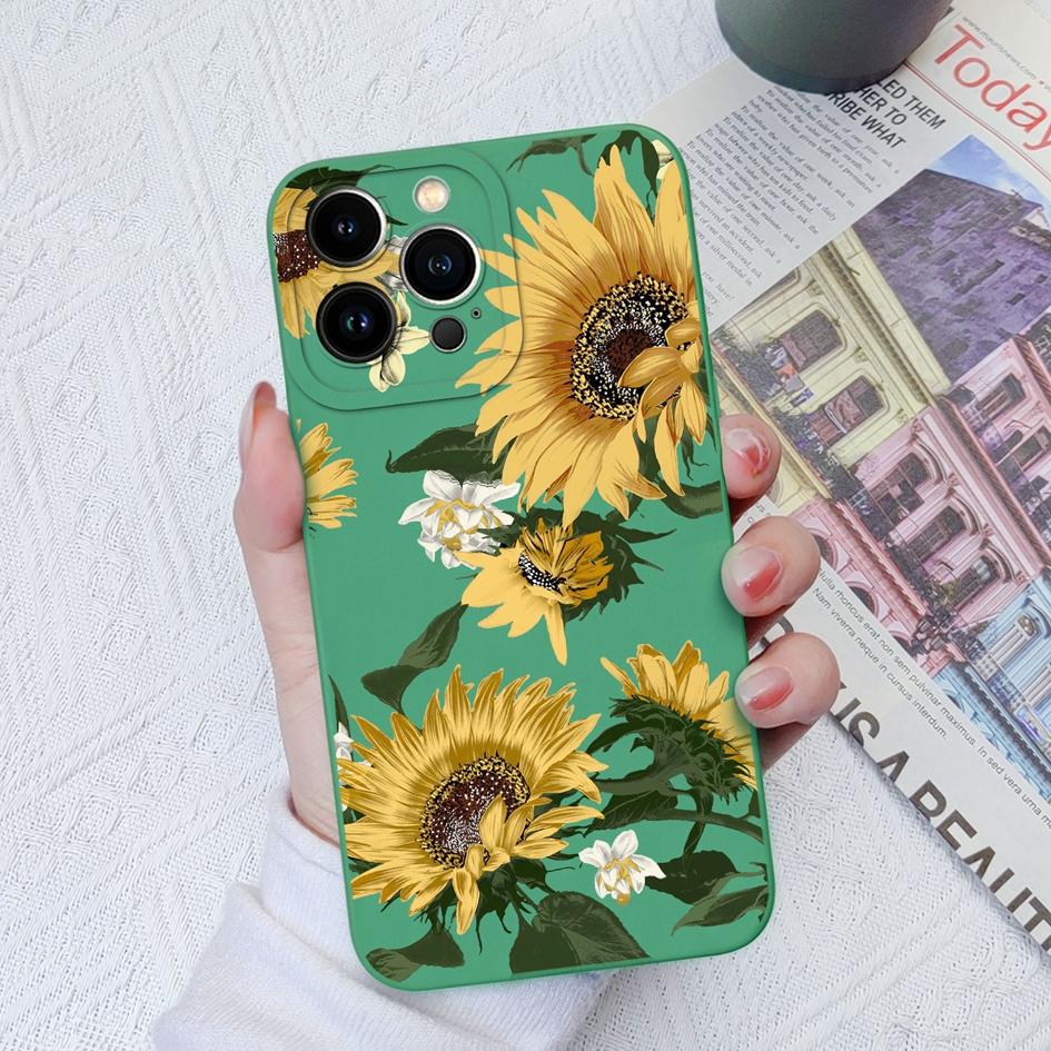 For Apple iPhone 6 7 8 11 12 13 14 15 Pro Max X XS XR SE Phone Case Liquid Soft Silicone Shockproof Cover Sunflower Butterfly For iPhone Shell Bumper