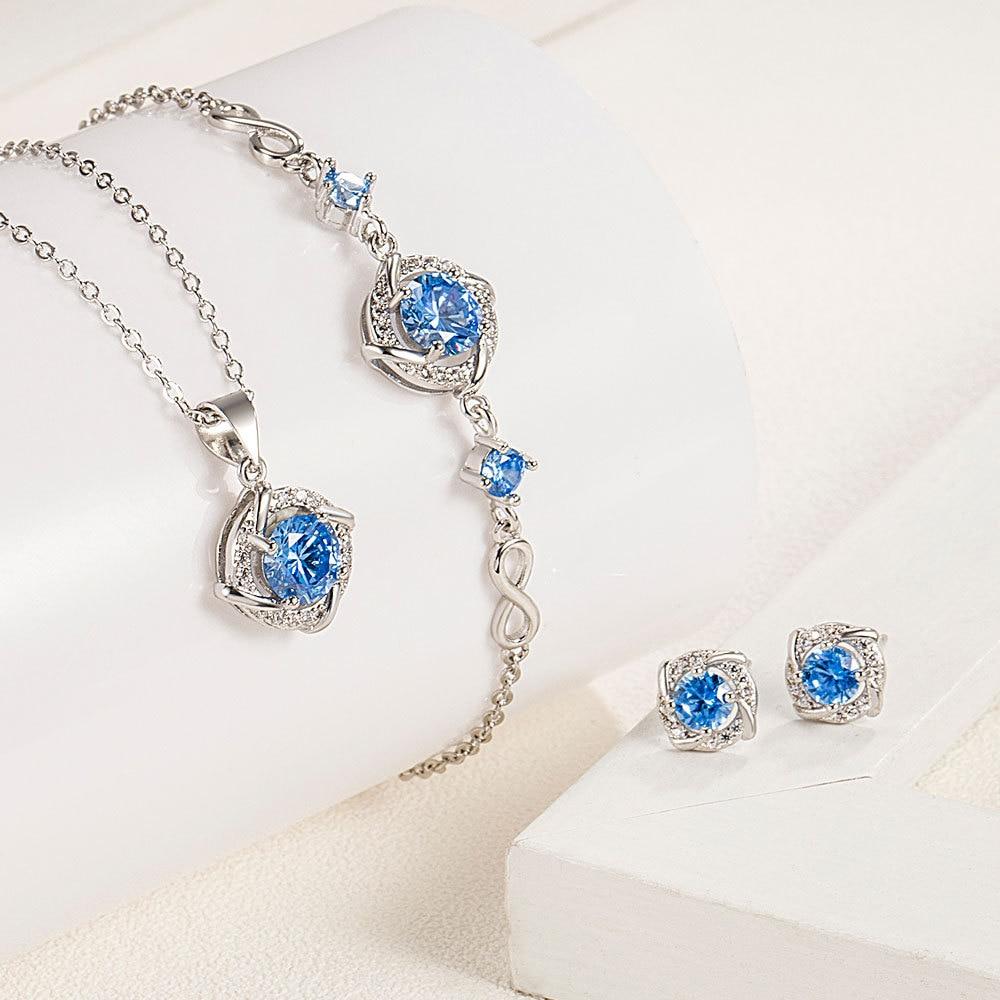 Women's Jewelry Set, Necklace Earrings Bracelet, S925 Silver Plated, Blue, 3 Pieces