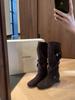 6Cm Inner Height Increase Western Denim Boots Women's 2025 New Korean Round Head Buckle with Soft Folds and Thin Medium Tube