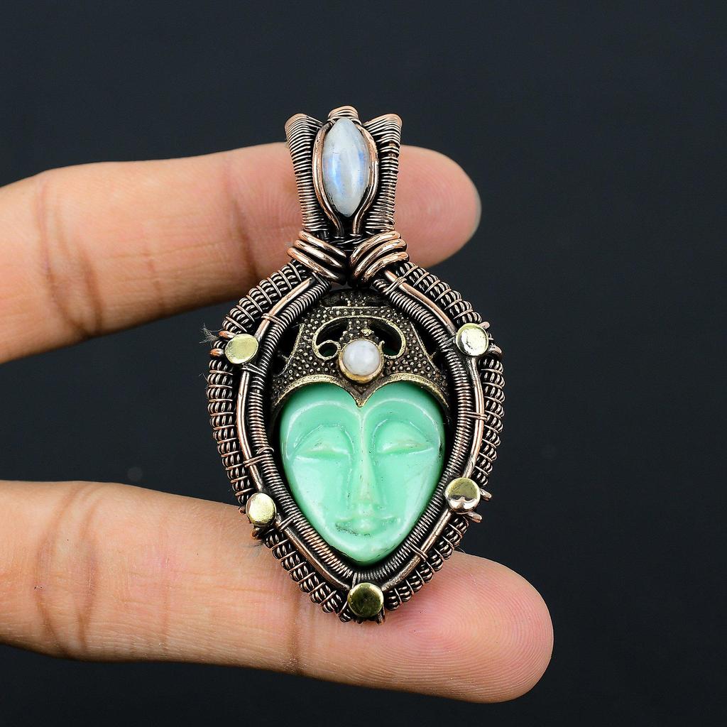 Green Carved Bone Face Gemstone Copper Wire Wrap Pendant Jewelry Gift For Her
