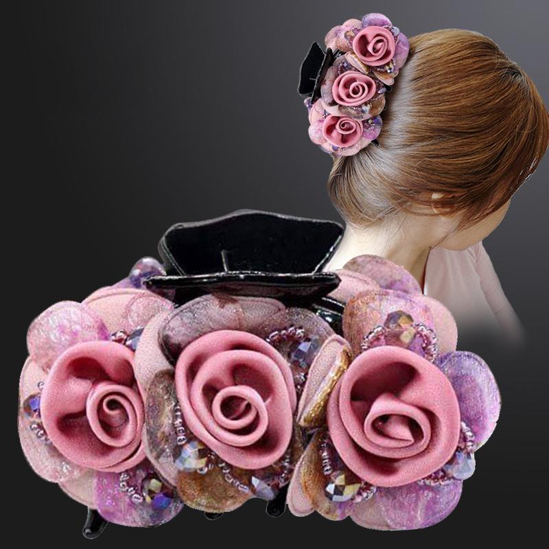 Non-slip Crossing Teeth Women Hair Claw Flower Beads Decor Bow Bath Hair Claw Styling Tool