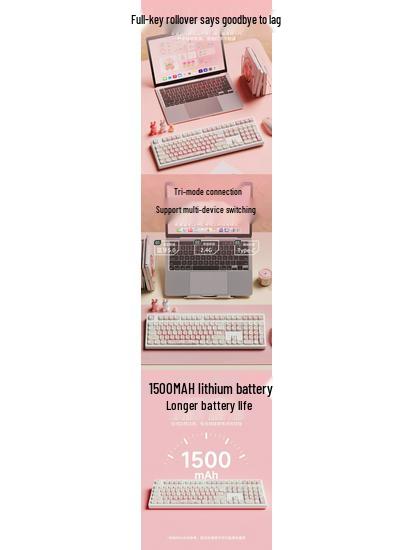 Strawberry Kitten Wireless Bluetooth Mechanical Keyboard with Universal Switches - Silent Design for Office and Gaming