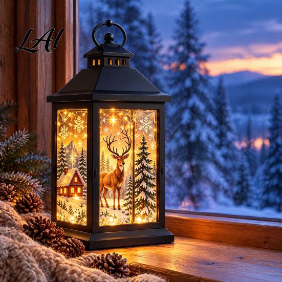 Winter Seasonal Lighting Interchangeable Crystal Lantern 4 Replaceable Holiday Scene Panels Night Light Cozy Fairy Light Lamp Theme Decorative