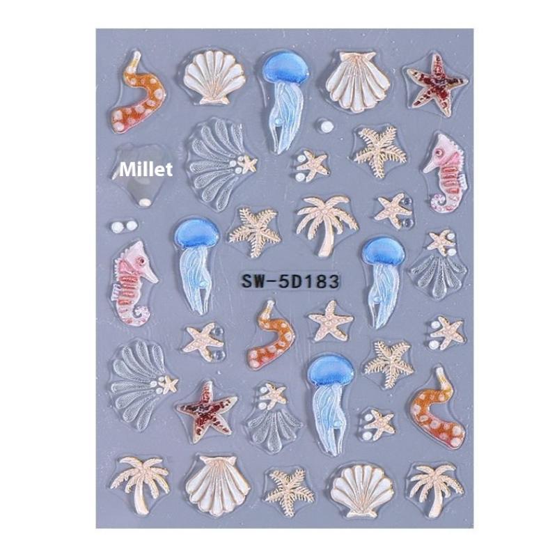 Jellyfish Summer Beach Nail Stickers Colorful Shell Starfish Conch Fish Adhesive Sliders Embossed Decals Manicure Foils Decor