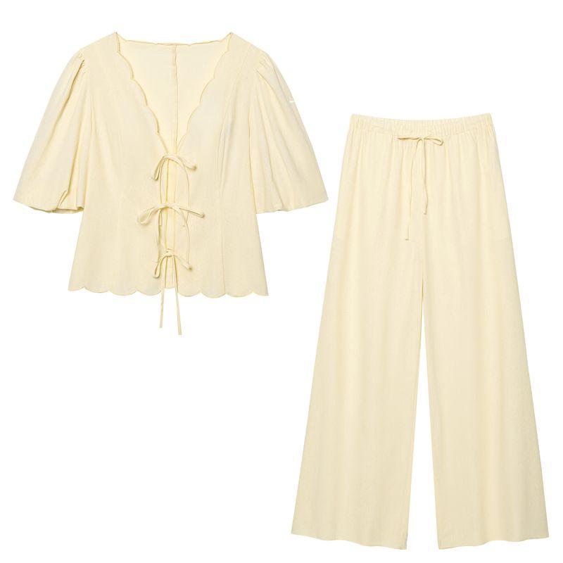 Kaslead New Arrival Women's Clothing Fashion Style Fashion Puff Sleeve Shirt Tops Casual Pants Suit