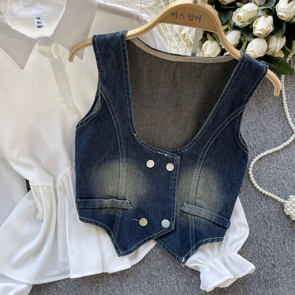 Colete Jeans Retro Chic de Hong Kong Colete Moda Empilhada Versátil Camisas de Manga Curta Bufante Conjunto de Duas Peças Top