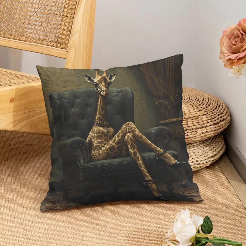 1Pc Elegant Lady Giraffe Pillow Cover, 2D Double-Sided Polyester Cushion Case, Whimsical Vintage Home Decor, Perfect Gift For Fr