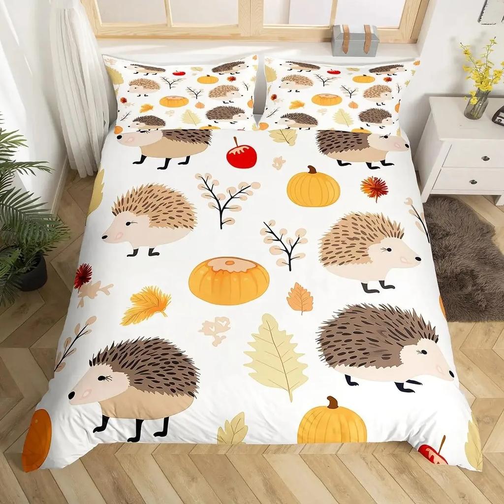 Cartoon Igel Bettbezug Queen Aquarell Batik Boho Bettwäsche-Set, Wildtiere Blumen Bettdeckenbezug Floraler Quiltbezug