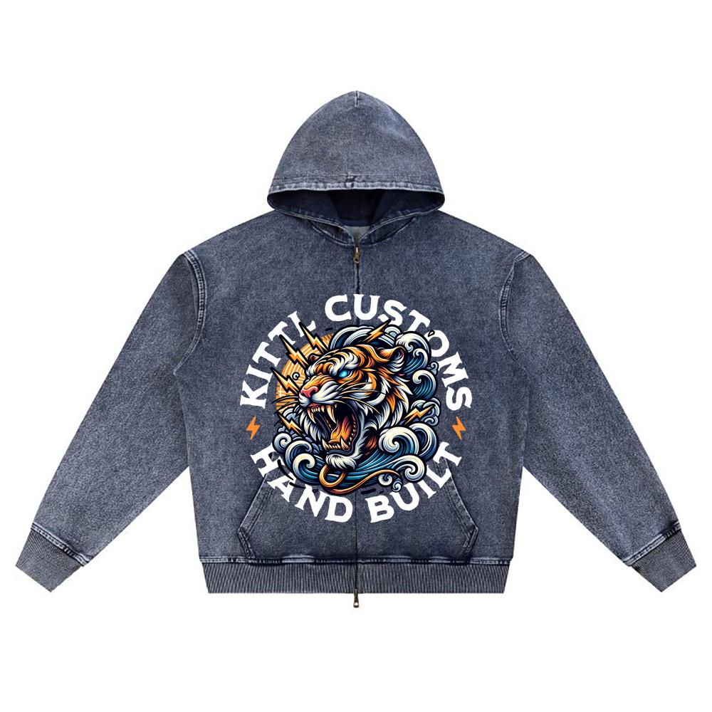 

DTG print Knitted Denim Zip-Up Hoodie streetwear Motorcycle Brother Print Zipper Hoodies XL темно-синий