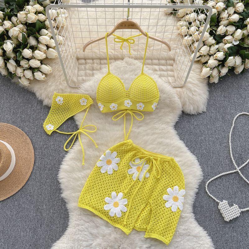 Seaside Vacation Style Bikini Small Flower Milk Sweet Three-Piece Suit