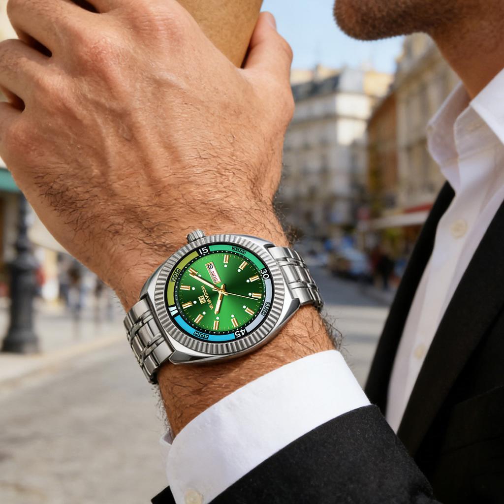 Men Watch Green Classic Diving Series 42mm Silver Stainless Steel Luxury Business Clock 3Bar Waterproof Student Timing Man Watch