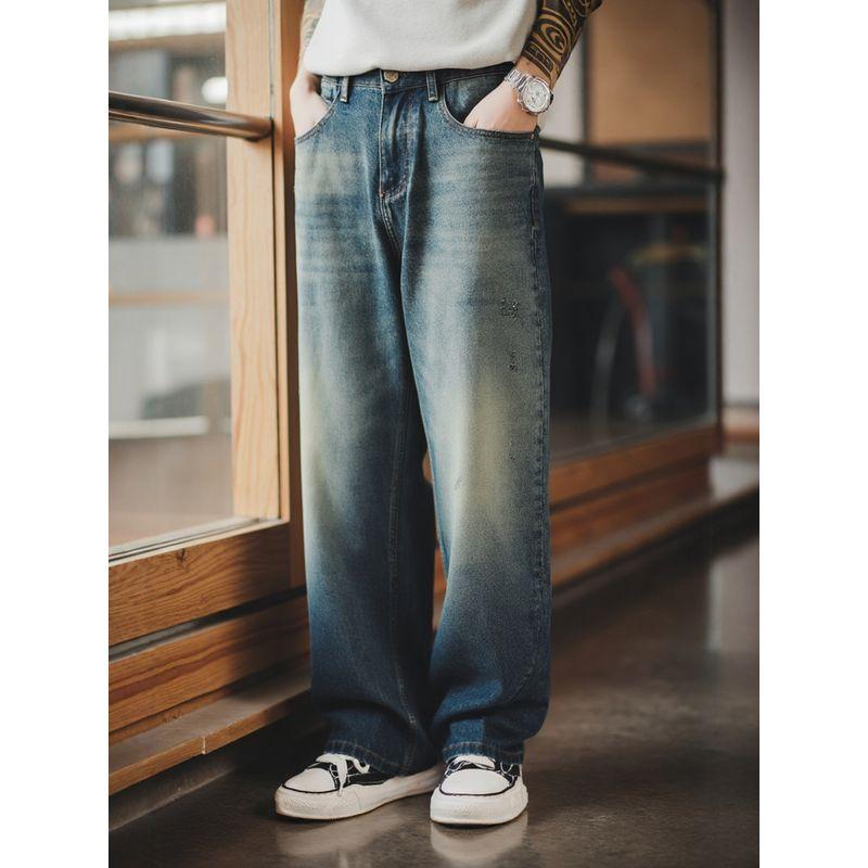 American Retro Washed Distressed Ripped Jeans for Men, Spring and Autumn Wide-Leg Loose Pants, Foreign Trade Men's Casual Long Pants