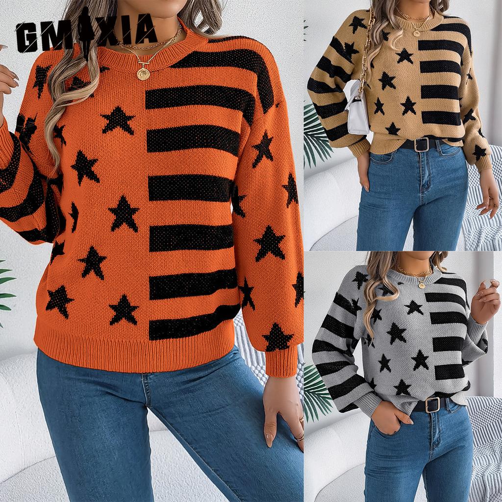 GMXIA Autumn and Winter Casual Starry Striped Lantern Long-sleeved Pullover Sweater Women's Wear