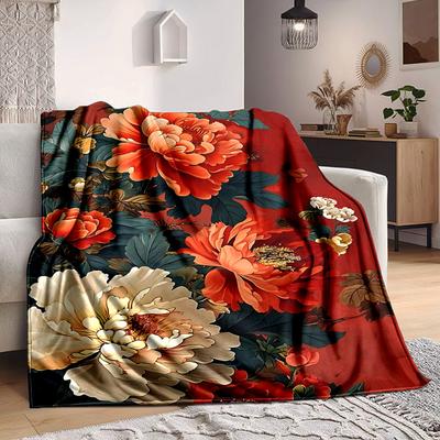 1PC Peony Print Blanket - Soft Warm All-Season Throw for Sofa, Bed, Car, Office, Throw For Sofa Yy250916108